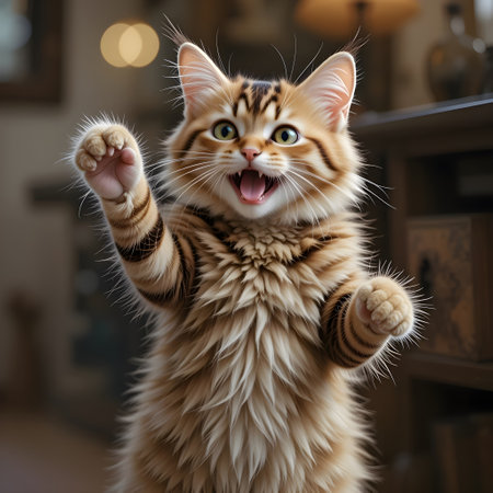 Cute ginger british shorthair kitten with open mouth showing thumbs upの素材