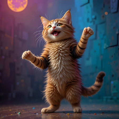 Funny ginger cat with open mouth stands in the dark room.の素材