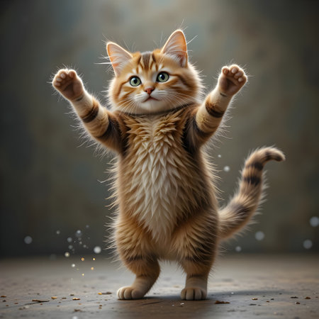 Cute red cat with raised hands on dark background. Fluffy pet.の素材