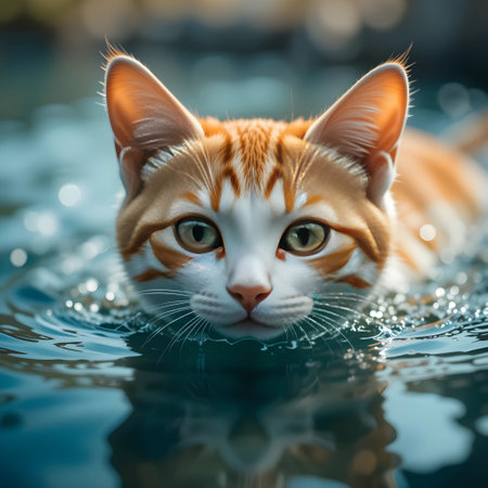Cute ginger cat swimming in the water. Selective focus.の素材