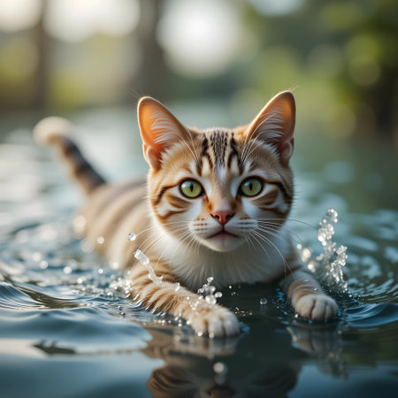 Cute cat playing in the water on the nature background with copy spaceの素材
