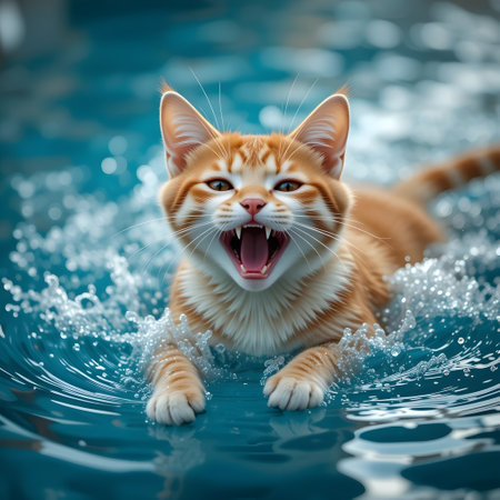 Funny ginger cat in swimming pool. Close-up portrait.の素材