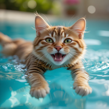 Cute ginger cat swims in swimming pool with open mouth.の素材