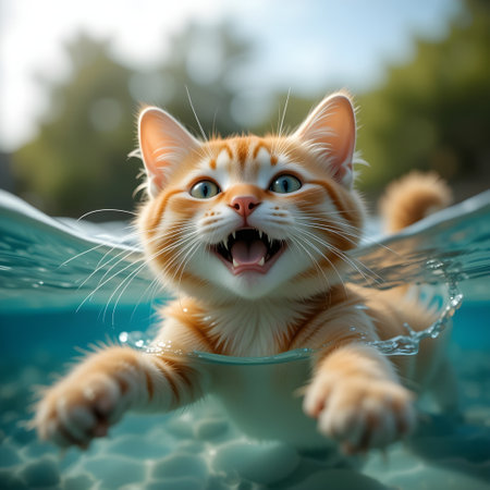 Cute ginger cat swims in the pool. Funny cat.の素材