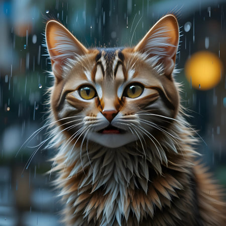 Portrait of a beautiful Maine Coon cat in the rain.の素材