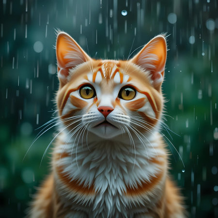 Cute ginger cat in the rain. Portrait of a red cat.の素材