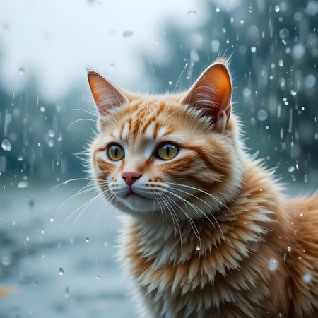 Cute ginger cat in the rain on the background of the forest.の素材