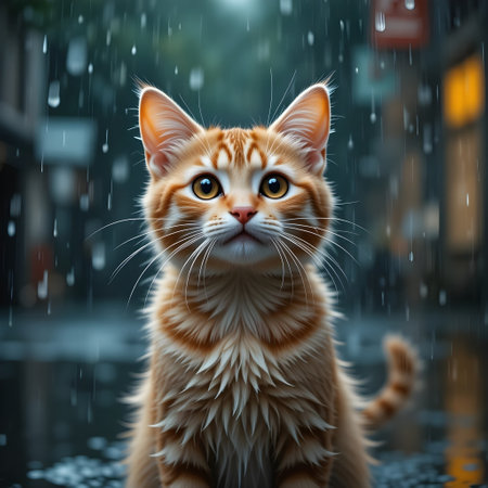 Cute ginger cat sitting in the rain on a rainy day.の素材