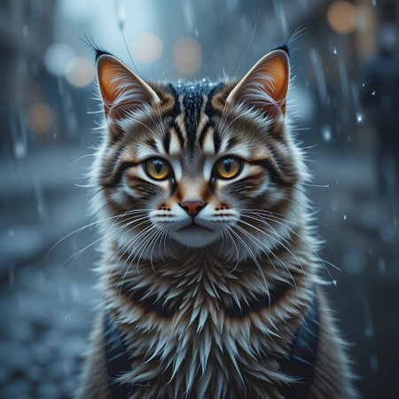 Portrait of a beautiful cat on a background of the rain.の素材
