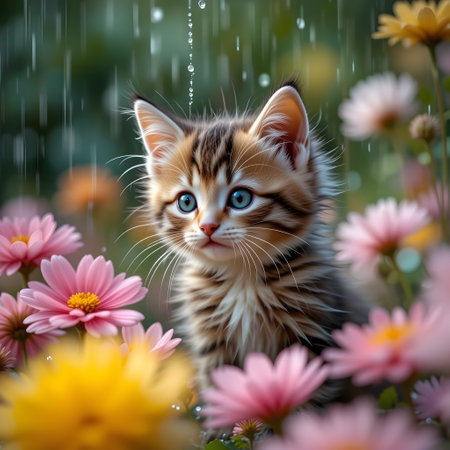 Cute little kitten in the rain on a background of flowers.の素材