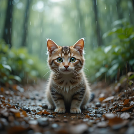 Cute little kitten sitting in the rain on the road in the forestの素材