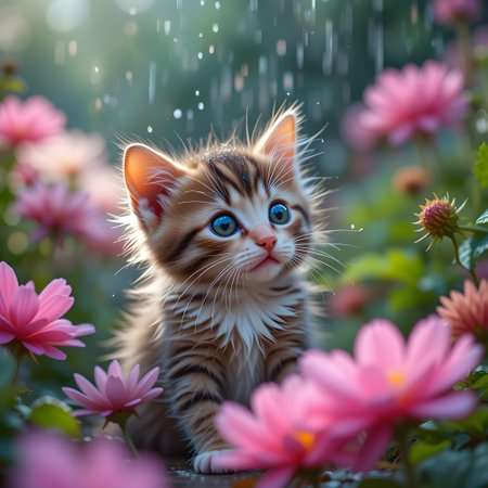 Cute little kitten in the garden with flowers on a rainy dayの素材