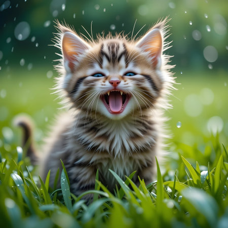 Cute siberian kitten on green grass in the rain.の素材