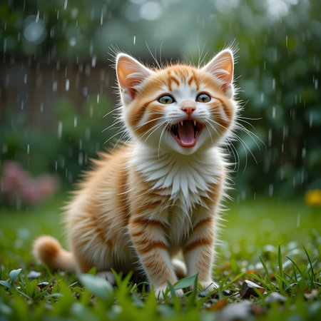 Cute ginger kitten in the garden with rain drops on the grassの素材