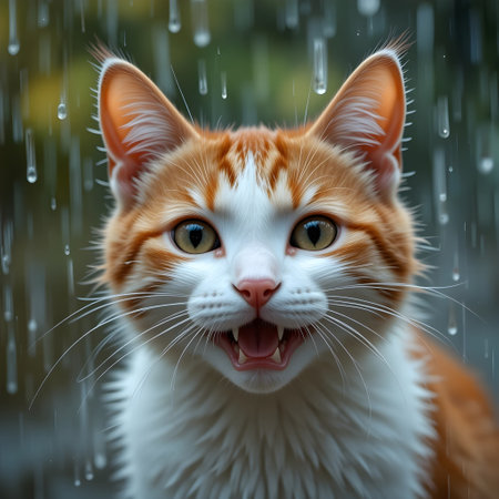 Portrait of a red cat in the rain on a rainy dayの素材