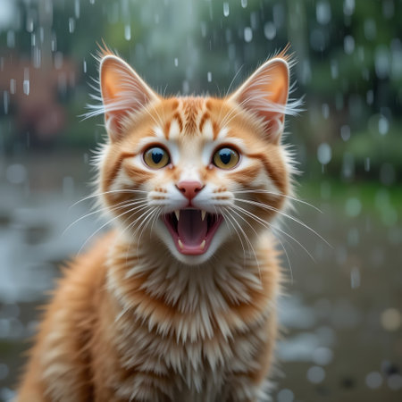 Cute ginger cat standing in the rain. Selective focus.の素材