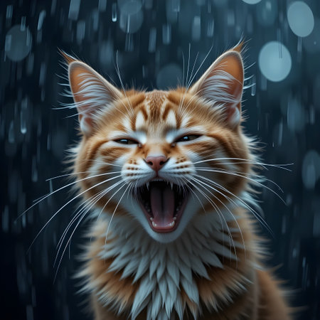 Cute ginger cat in rain on dark background, animal portrait.の素材