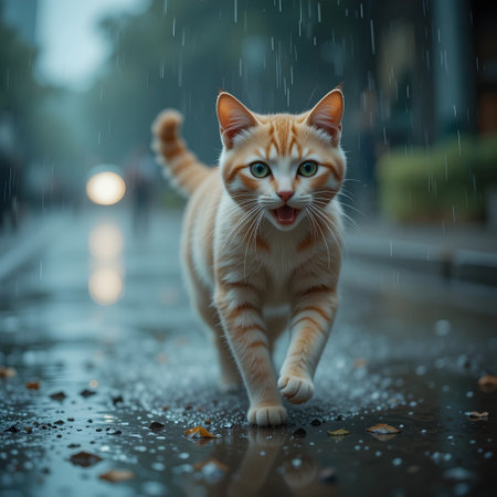Cute ginger cat running in the rain on a rainy day.の素材