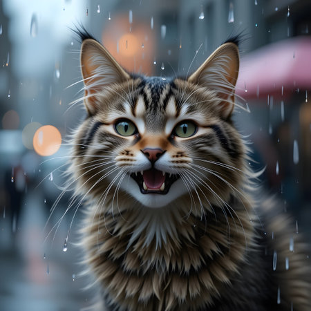 Portrait of a cat on a background of a rainy street.の素材