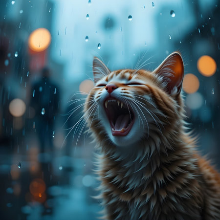 Funny ginger cat yawning in the rain on a rainy day.の素材