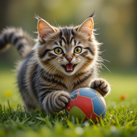Cute siberian kitten playing with a soccer ball on the grassの素材