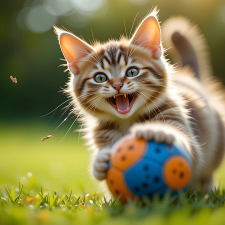 Cute little kitten playing with a soccer ball in the garden.の素材
