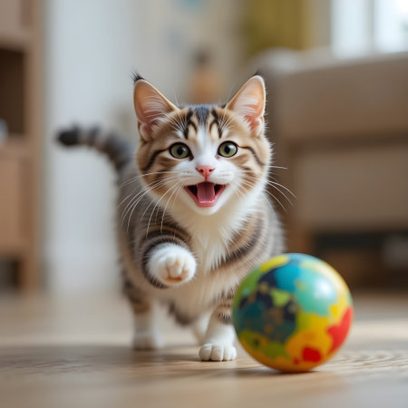 Cute tabby kitten playing with a ball in the living roomの素材