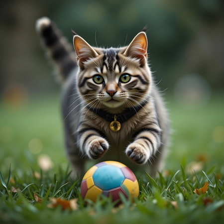 Cute tabby kitten playing with a soccer ball in the gardenの素材