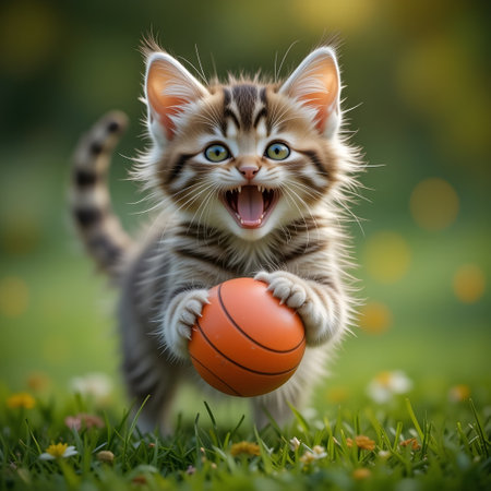 Cute little kitten playing with an orange ball in the garden.の素材