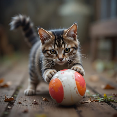 Cute tabby kitten playing with a ball in the garden.の素材