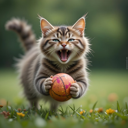 Cute tabby kitten playing with a soccer ball in the gardenの素材