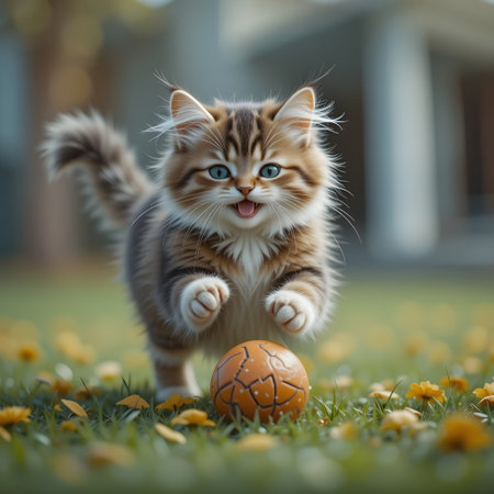 Cute little kitten playing with a soccer ball in the garden.の素材