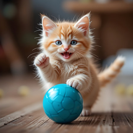 Cute ginger kitten playing with blue ball on wooden floor at homeの素材
