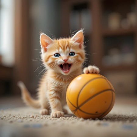 Cute little kitten playing with basketball ball at home. Adorable little kitten looking at camera.の素材