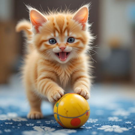 Cute ginger kitten playing with easter egg on blue carpet.の素材