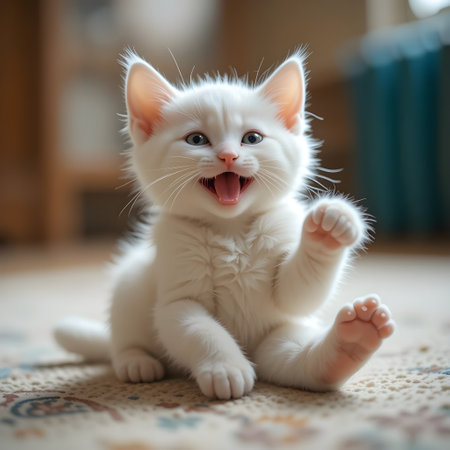 Cute white kitten sitting on the floor and looking at camera.の素材