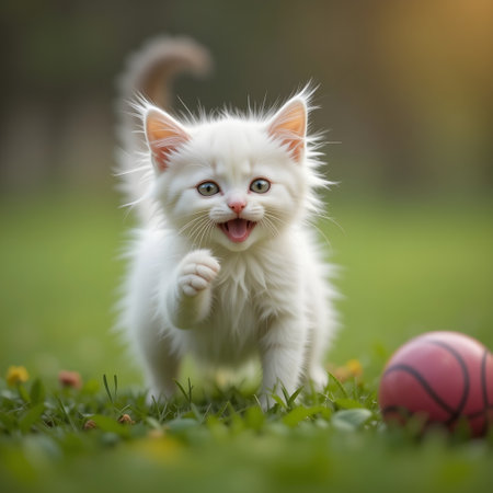 Cute white kitten playing with ball on green grass in the gardenの素材