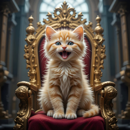 Cute ginger kitten sitting on a chair in an old castle.の素材
