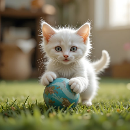 Cute white kitten playing with a globe on the green grass.の素材