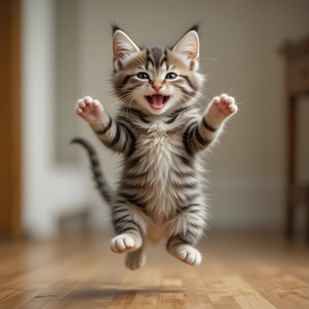 Cute tabby kitten jumping on a wooden floor at home.の素材