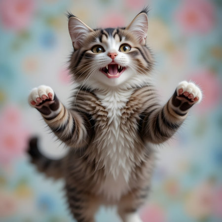 Cute little kitten with funny expression on a colorful background. Studio shot.の素材