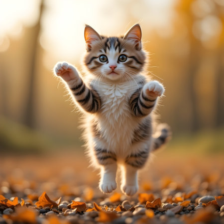 Cute little kitten playing in the autumn forest. Animal theme.の素材