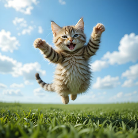 Cute little kitten jumping on green grass with blue sky background.の素材