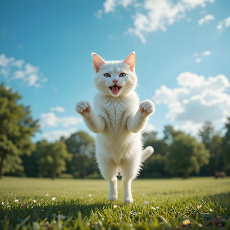 Cute white cat running on green grass with blue sky background.の素材