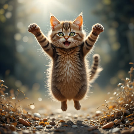 Funny cat with open mouth jumping in the autumn forest. Fluffy kitten.の素材