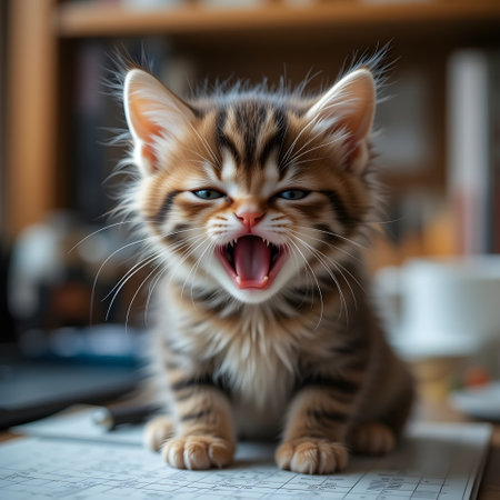 Cute little kitten yawning while sitting on computer keyboard at homeの素材