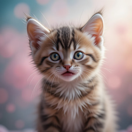 Cute little kitten on bokeh background. Animal portrait.の素材