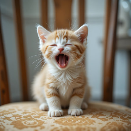 Cute ginger kitten yawning on a chair in the room.の素材