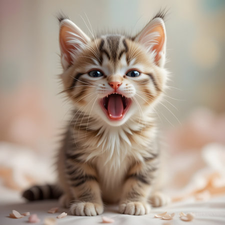 Cute little siberian kitten on a light background, close upの素材