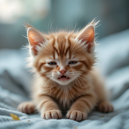 Cute ginger kitten on the bed. Portrait of a cute little kittenの素材